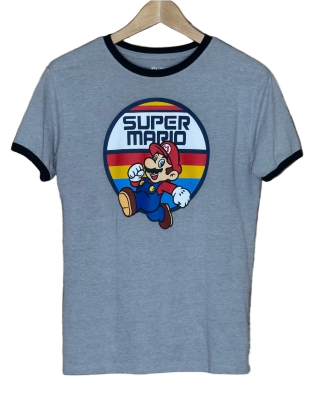 Nintendo Super Mario Ringer Tee with Retro Rainbow Logo, size XL